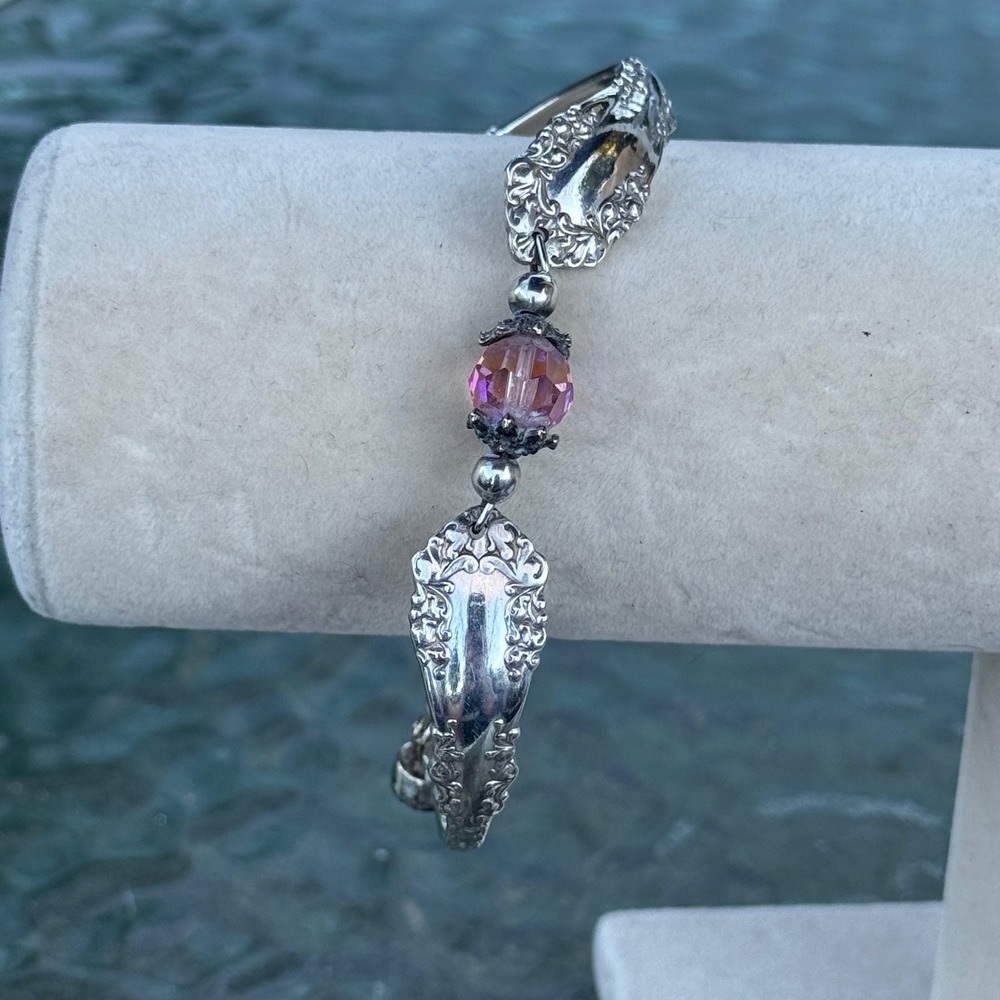 1847 Rogers Bros‎ Vintage Silverplate Spoon Bracelet Pink Crystal Magnetic Clasp